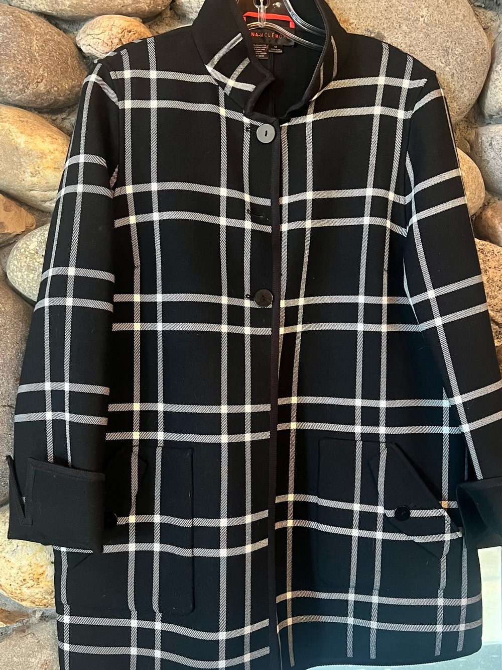 Black Jacket/Coat with White Windowpane Plaid and is reversible, too!